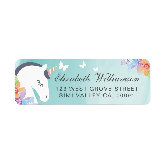 Étiquette Turquoise Whimsical Magique Unicorn Papillon et fl (Devant)