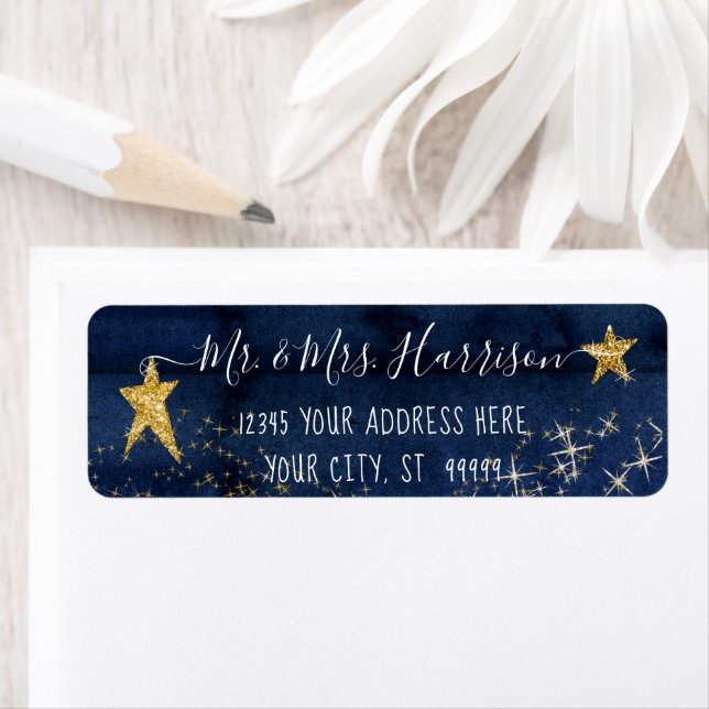 Étiquette Twinkle Little Star Navy Blue Gold Adresse de reto (En situation)