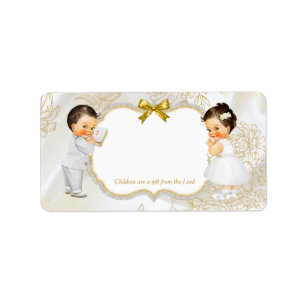 Étiquette Twins Baby Girl Baptism Christening Gold White