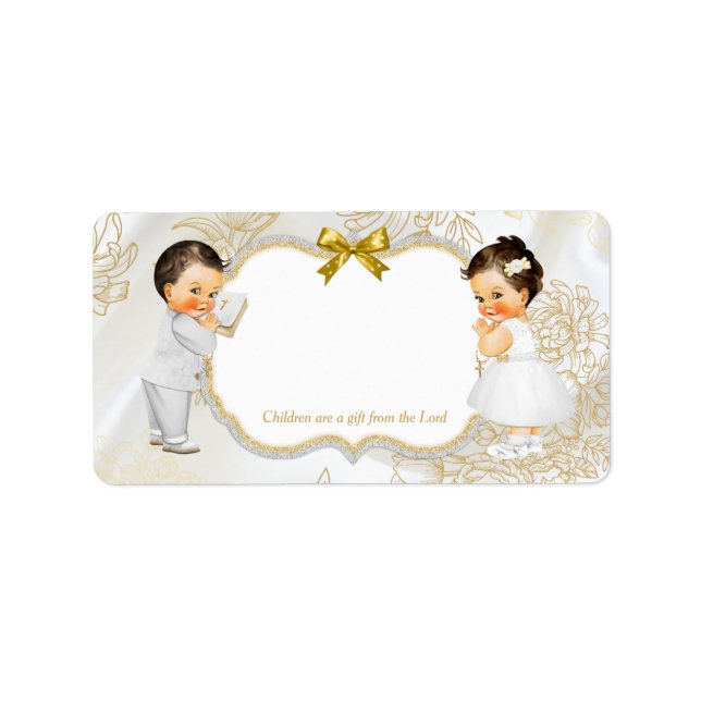 Étiquette Twins Baby Girl Baptism Christening Gold White (Devant)