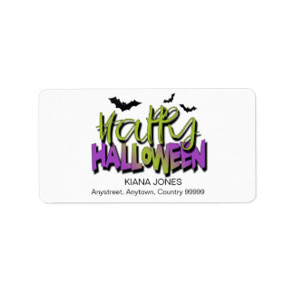 Étiquette Typographie 'Joyeux Halloween' avec des chauves-so
