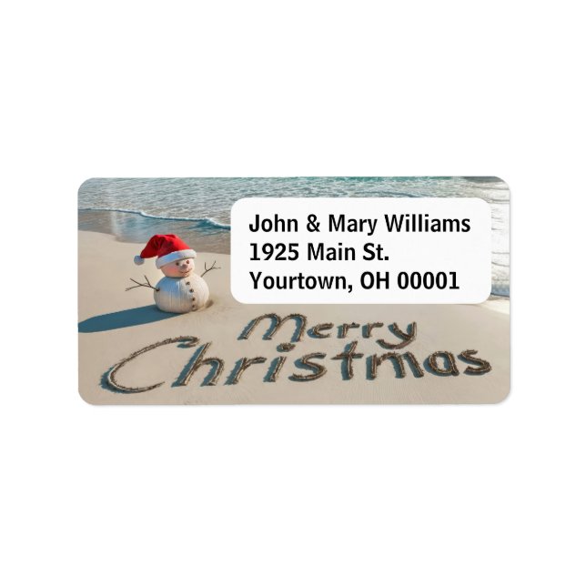 Étiquette Un homme de sable de Noël sur une plage (Devant)