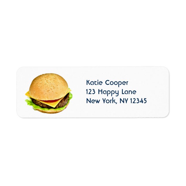 Étiquette Une photo de gros cheeseburger juteux (Devant)