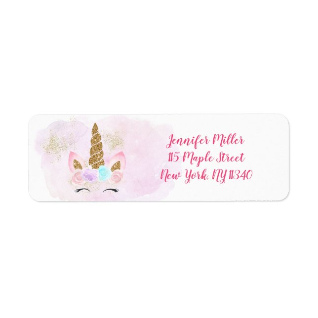 Étiquette Unicorn Pink Gold Adresse d'anniversaire (Devant)
