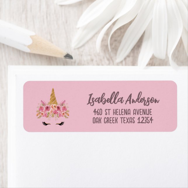 Étiquette Unicorne rose Parties scintillant florale (En situation)