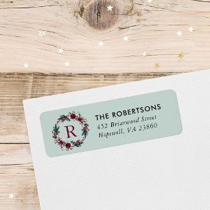 Étiquette Vacances Florale Noël Wreath Monogramme Adresse