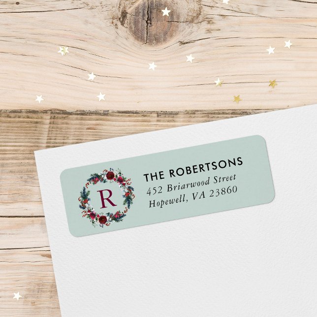Étiquette Vacances Florale Noël Wreath Monogramme Adresse (Créateur téléchargé)