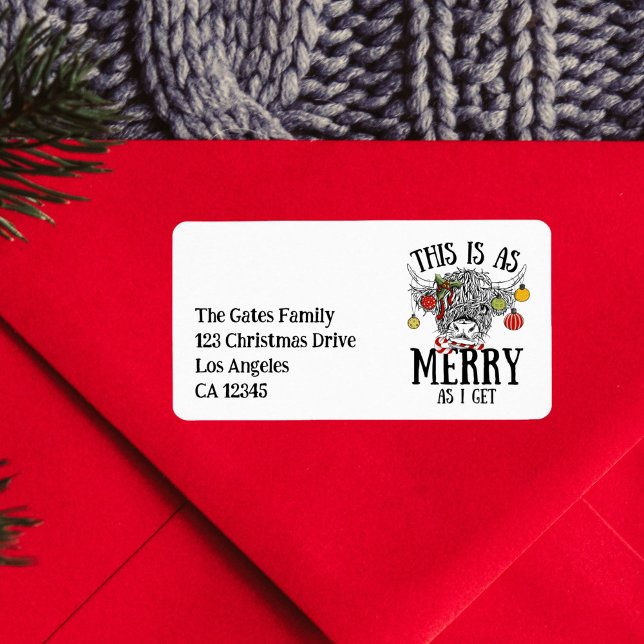Étiquette Vache de Noël drôle Highland (funny christmas highland cow return address label)