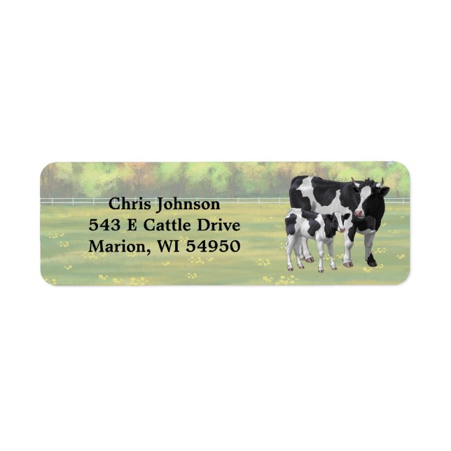 Étiquette Vache Holstein et veau mignon en pâturage d'été (Devant)