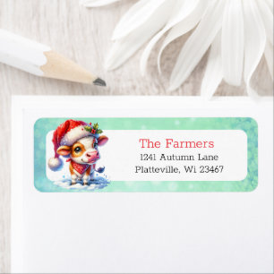 Étiquette Vache mignonne à Santa Hat Noël personnalisé