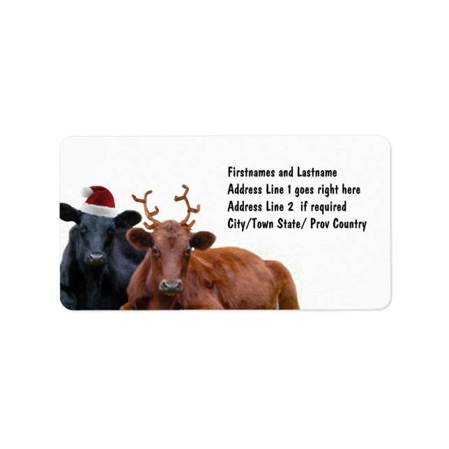 Étiquette Vaches de Noël à Santa Hat et Antlers (Devant)
