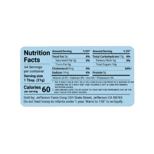 Étiquette Valeur nutritionnelle du miel tabulaire Bleu de fl