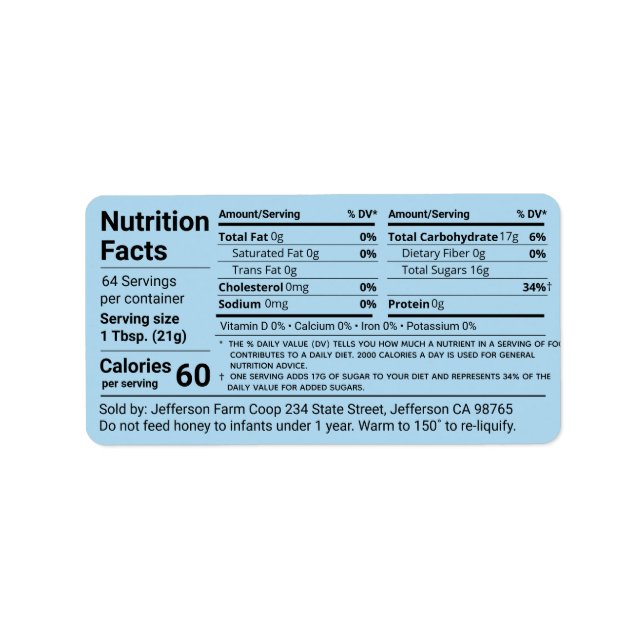 Étiquette Valeur nutritionnelle du miel tabulaire Bleu de fl (Devant)