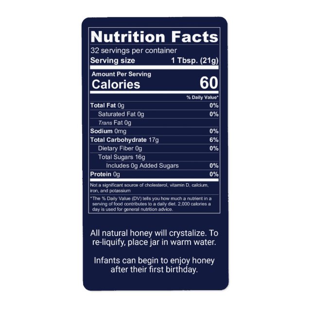 Étiquette Valeur nutritive du pot de miel bleu foncé (Devant)