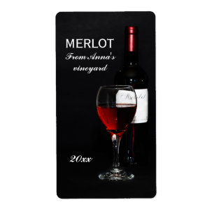 Étiquette Verre et bouteille de vin rouge