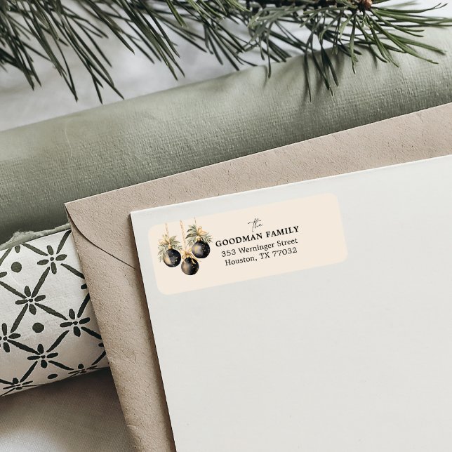 Étiquette Vert foncé Élégant Verdure Noël Chic (ELEGANT CLASSIC RETURN ADDRESS CHRISTMAS MAILING WITH ORNAMENTS AND BAUBLES AND GREENERY AND BOWS)