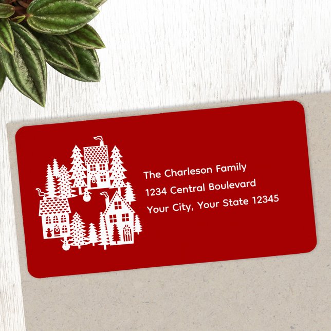 Étiquette Village de Noël Rouge et Blanc Adresse de retour (Festive red and white Christmas Village personalized return address labels)