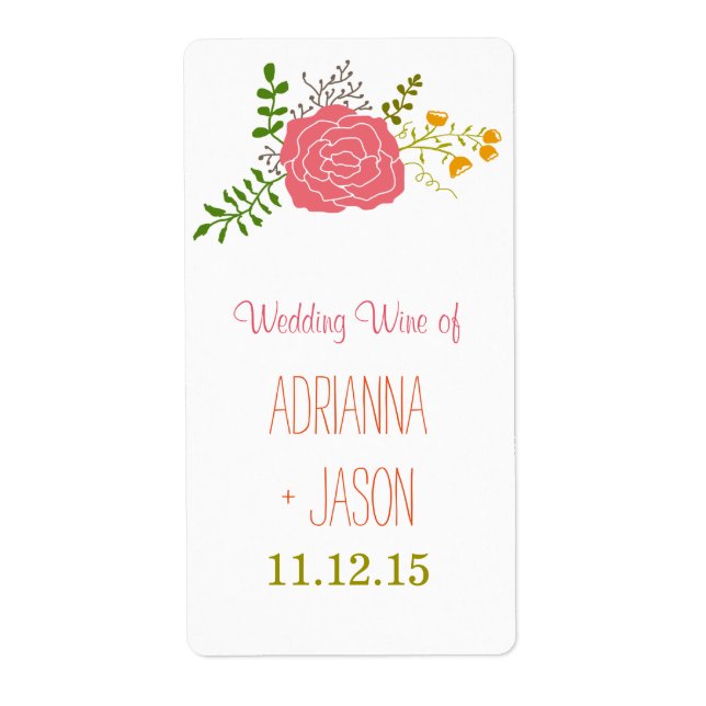 Étiquette Vin Mariage Chic Rose Flower Green (Devant)