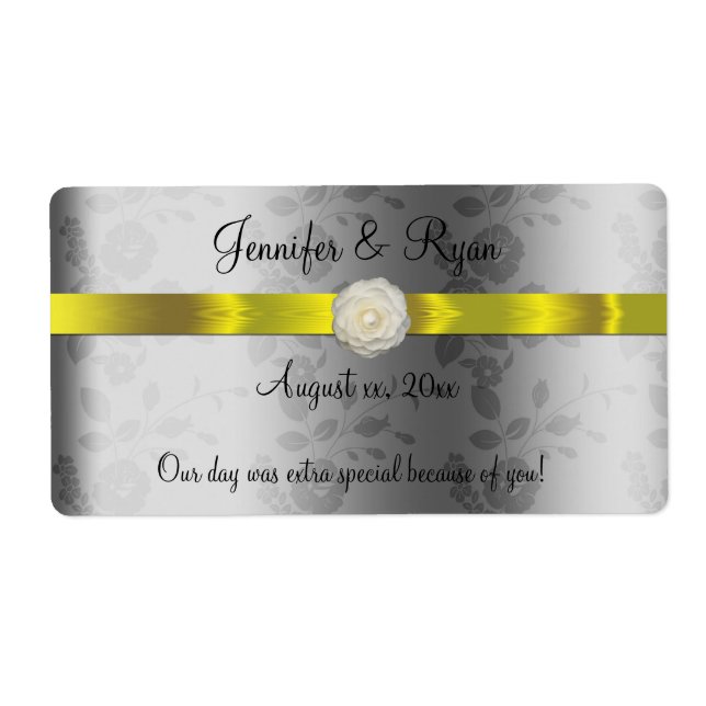 Étiquette Vin mariage, Elégant Jaune et Argent, Personnalisé (Devant)