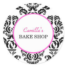 Étiquette vintage à bavette rose et noire Damask