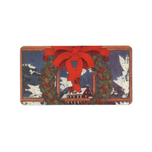 Étiquette Vintage couronne de Noël dans une fenêtre avec nei