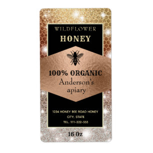 Étiquette Vintage étincelle rose logo abeille en or miel pot