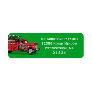 Étiquette Vintage Fire Truck Green Christmas Tree Adresse