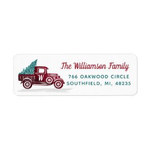 Étiquette Vintage Red Truck Christmas Tree Monogramme Adress