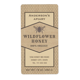 Étiquette Vintage rustic linen honey bee honey jar label