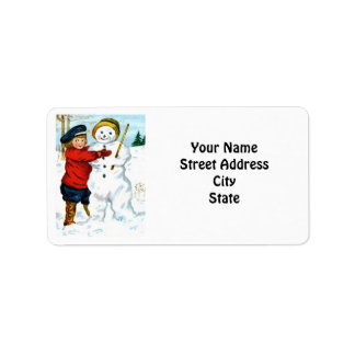Étiquette Vintage Snowman & Enfant