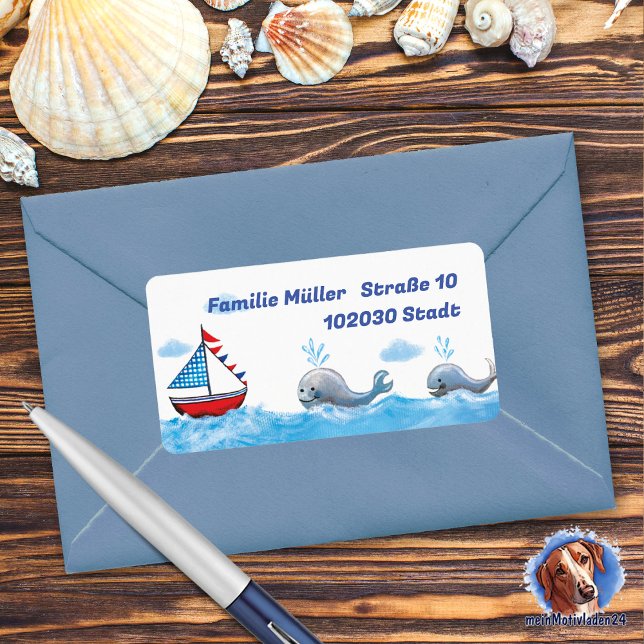 Étiquette Voiliers et baleines | (maritimer Adressaufkleber mit Segelboot und Walen, Motiv liebevoll mit Acrylfarben handgemalt)