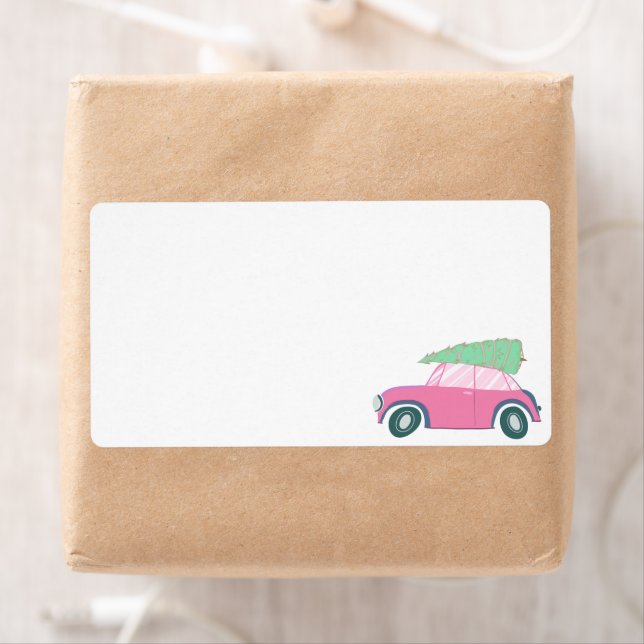 Étiquette Voiture rose vierge Arbre de Noël Aquarelle Noël (En situation)