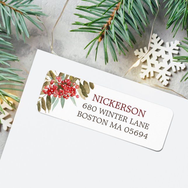 Étiquette Watercolor Christmas Berries Adresse de retour (Watercolor Christmas Berries Return Address Label)