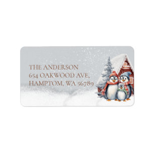 Étiquette Watercolor Christmas Penguin Family Return Adresse