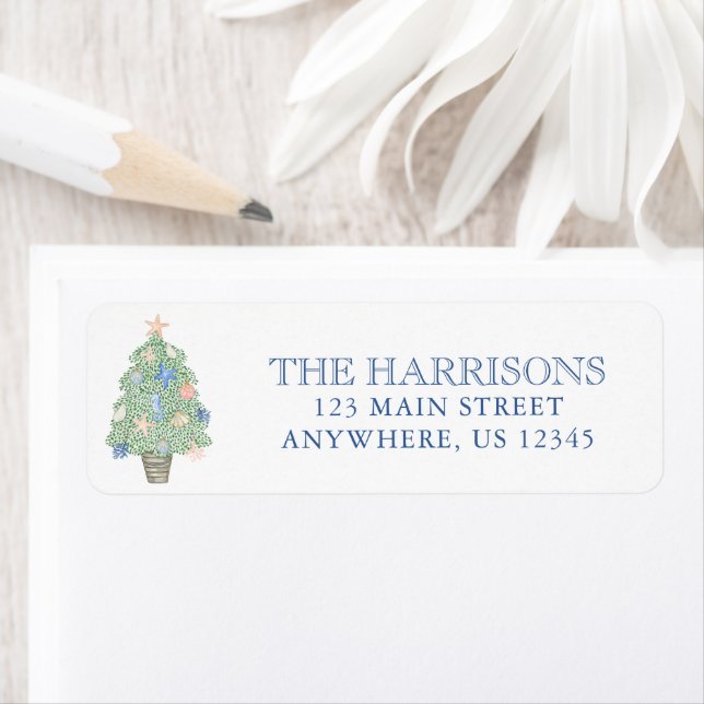 Étiquette Watercolor Coastal Christmas Tree Adresse (En situation)
