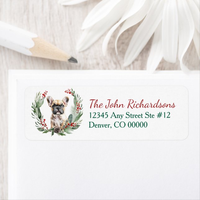 Étiquette Watercolor French Bulldog Christmas Wreath (En situation)