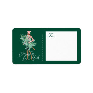 Étiquette Watercolor Girl tenant À feuillage persistant sapi