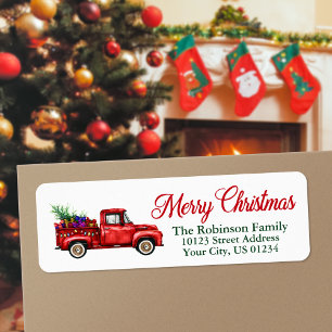 Étiquette Watercolor Red Truck Merry Christmas String Lights
