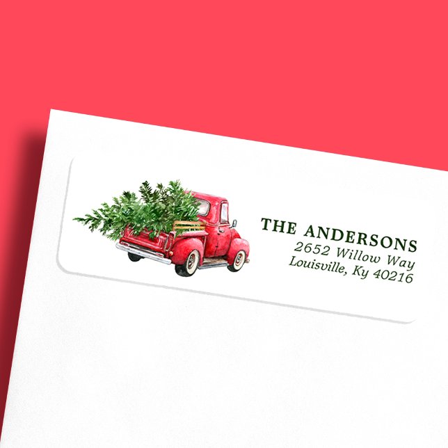 Étiquette Watercolor Red Truck Vintage Adresse de Noël (Créateur téléchargé)
