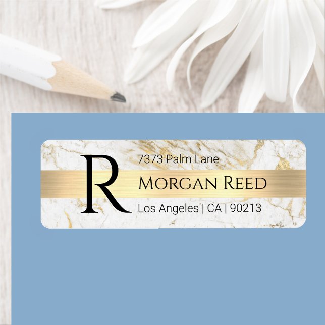 Étiquette Wh/Gold Marble, Gold Bar Blt Nom Monogramme Adress (Créateur téléchargé)