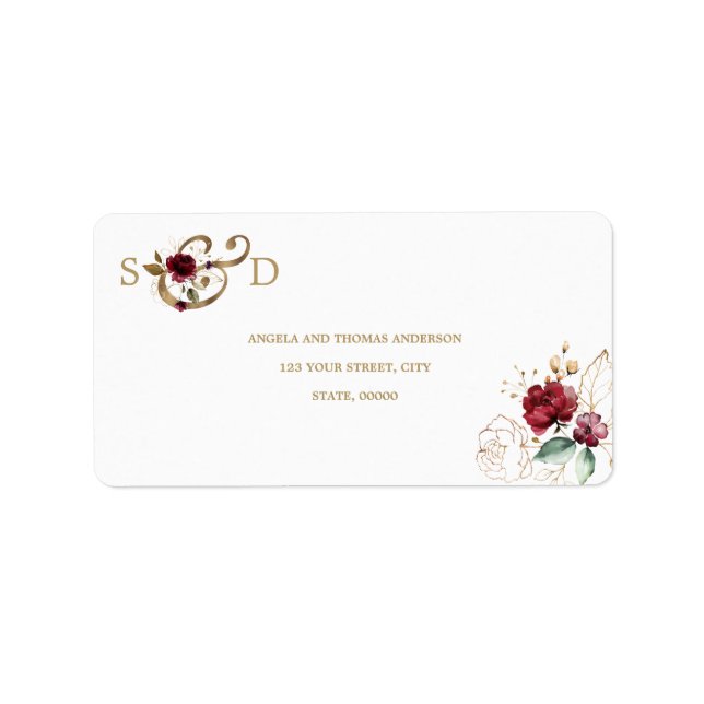 Étiquette Whimsical Bourgogne Gold Flowers Monogramme Mariag (Devant)