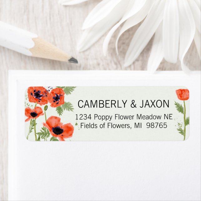 Étiquette Whimsical Orange Red Poppy Fleurs d'aquarelle (En situation)