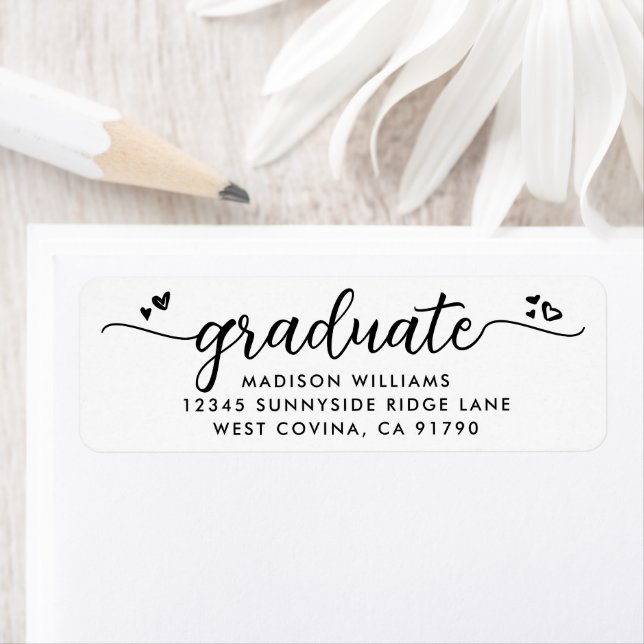 Étiquette White Black Graduation Script Coeur Adresse modern (En situation)