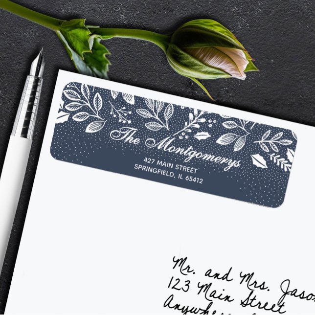 Étiquette White Botanicals on Blue Return Address (White botanicals on blue return address labels)