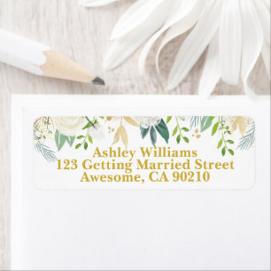 Étiquette White & Gold Chic Greenery Mariage Adresse de reto