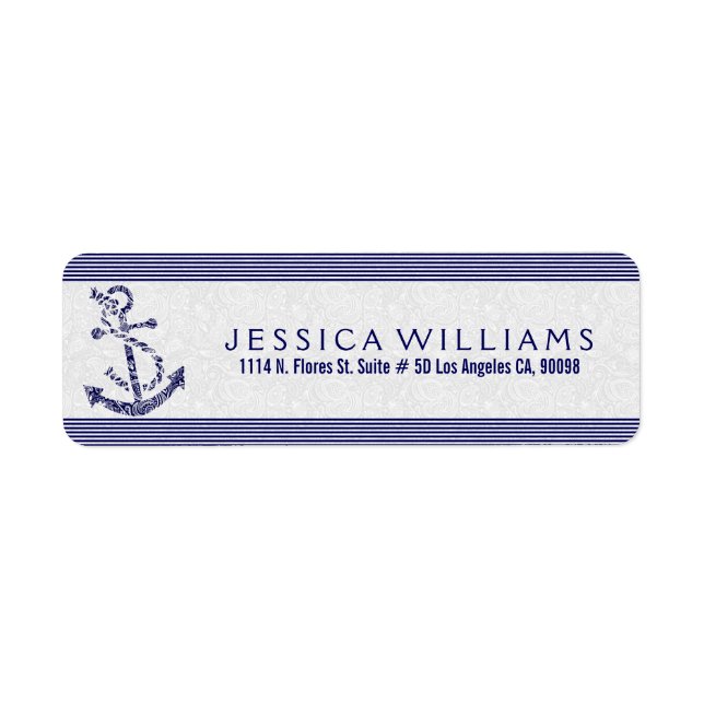 Étiquette White Paisley Avec Marine Blue Ancre nautique (Devant)
