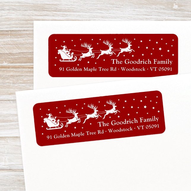 Étiquette White Père Noël Sleigh Christmas Retours Adresse (Festive, deep burgundy red Santa's reindeer sleigh in a starry sky Christmas return address label.)