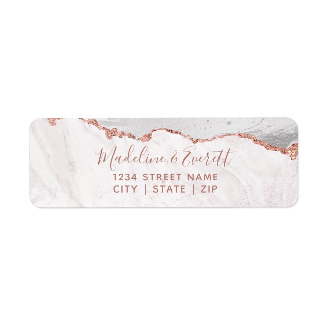 Étiquette White & Rose Gold Agate Mariage Adresse de retour (Devant)