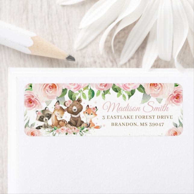 Étiquette Woodland Animaux Blush Pink Floral Adresse de reto (En situation)