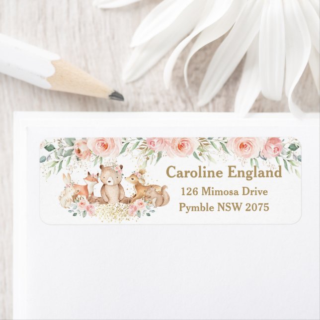 Étiquette Woodland Animaux Blush Pink Floral Adresse de reto (En situation)